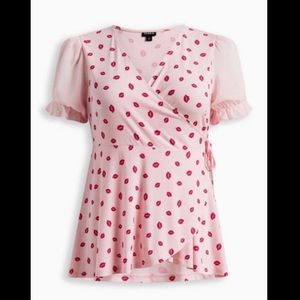 Torrid Studio KNIT CHIFFON PUFF SLEEVE SURPLICE TOP